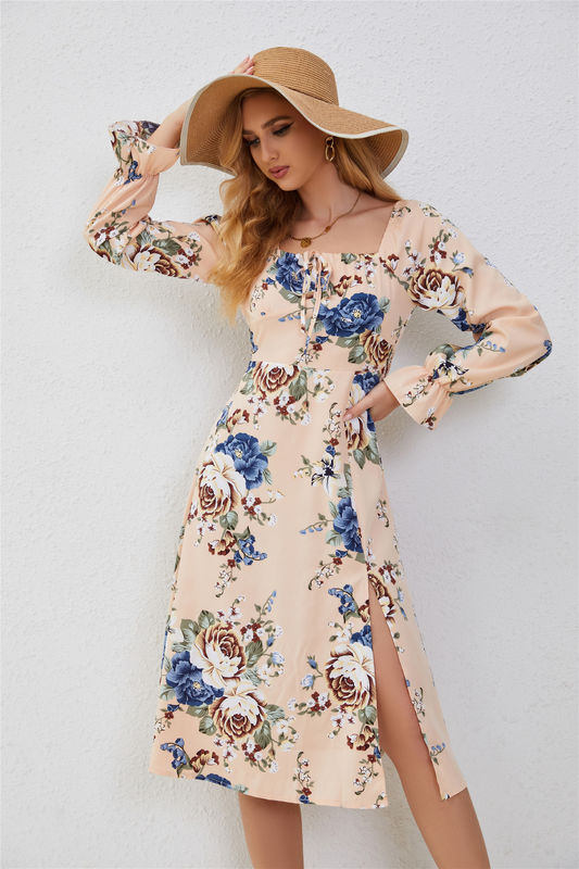 Elegantes vestidos florais com alças para mulheres com impressão de moda multicolor vestidos com mangas largas