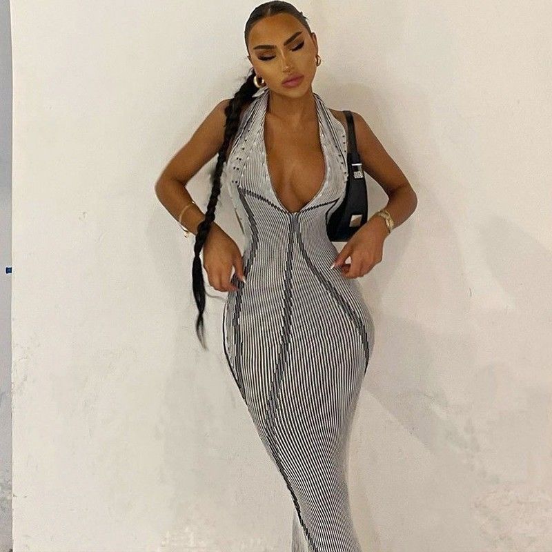 Estilizado vestido de noite sexy magro V pescoço sem traseiro vestido de noite renda até estampa magra