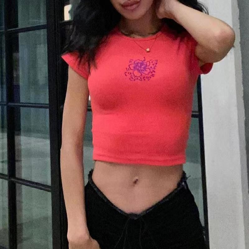 Colar redondo T-shirts sexy apertadas cor sólida sexy corte apertado camisa de manga curta