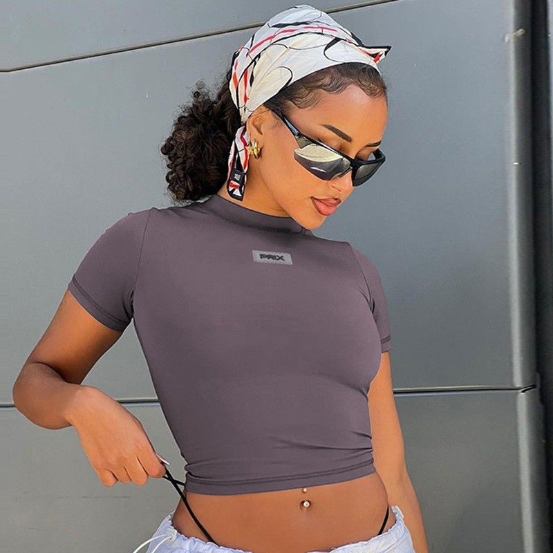 Moda Casual T-shirts curtos sexy apertados Slim Fit Redondo Collar Top