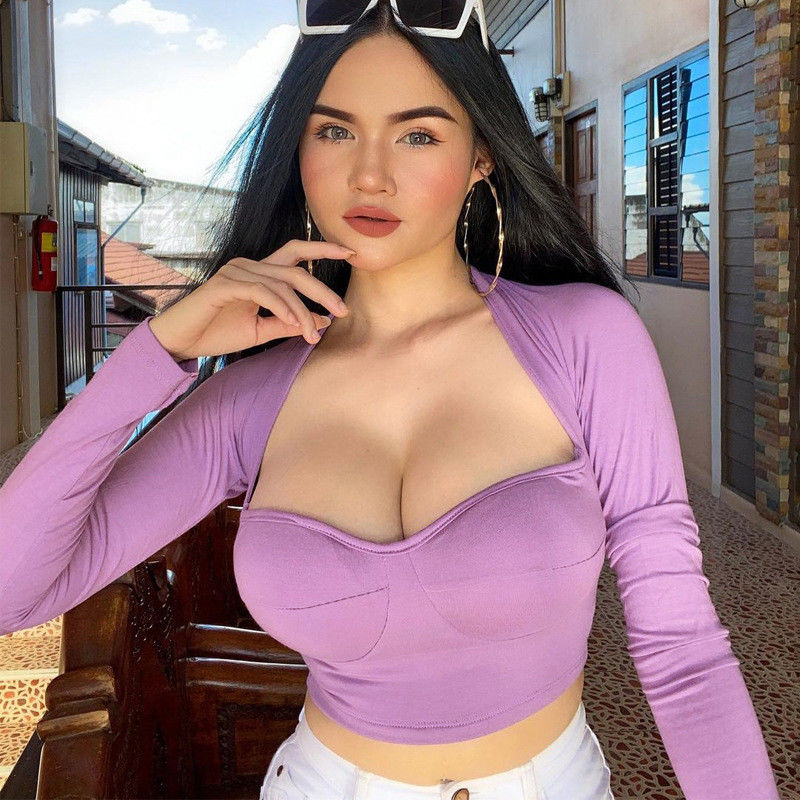 V pescoço sexy camisetas apertadas Slim Fit sexy crop top apertado mangas compridas pescoço curto