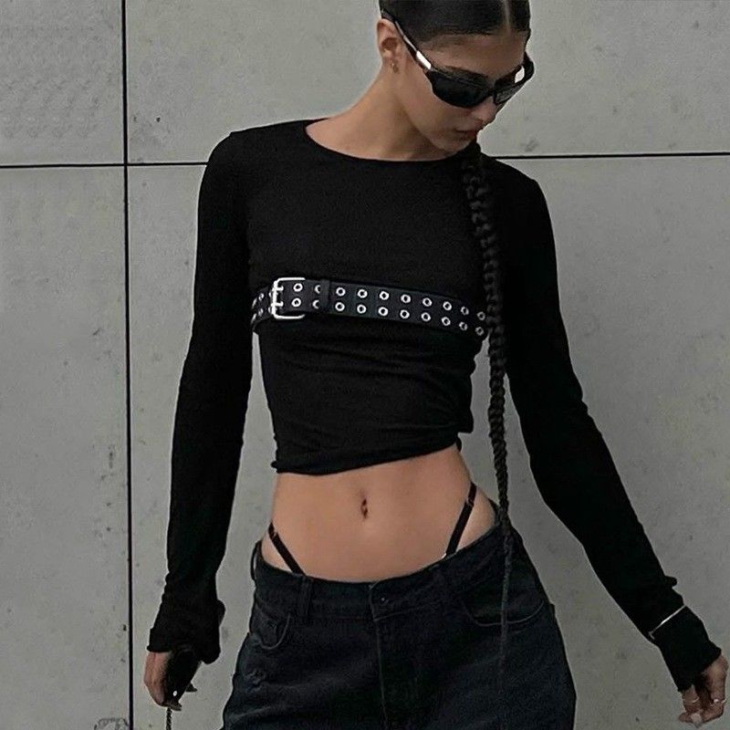 Moda Spice T-shirts sexy apertadas pescoço redondo Slim camisa de manga longa padrão sólido