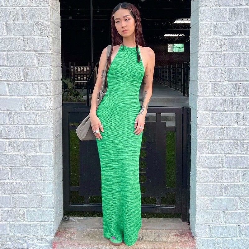 Cor sólida Vestido de malha de malha Estilo Slim Sexy Respirável Sem costas Vestido de renda