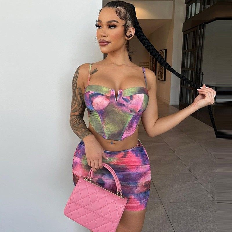 Fashion Crop Top Short Skirt Set Impressão Halter Slim Fit 2 Peças Short Skirt Set