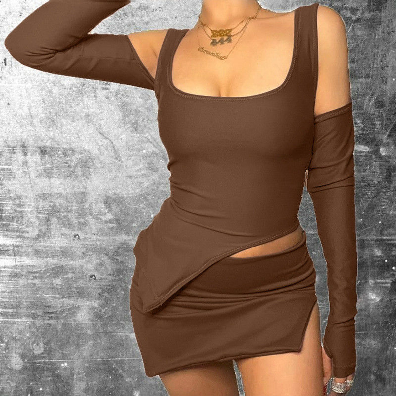 Mulheres Viagens de lazer Roupas desportivas sexy U Neck Slim Split Short Skirt And Top Set