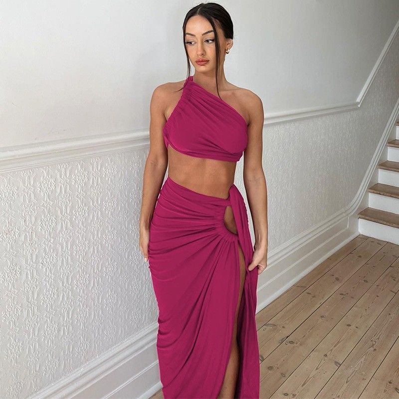 V Neck Women's Short Sleeve Dress Collection Sexy Sem costas Sem tiras Top Slim Split Skirt Set