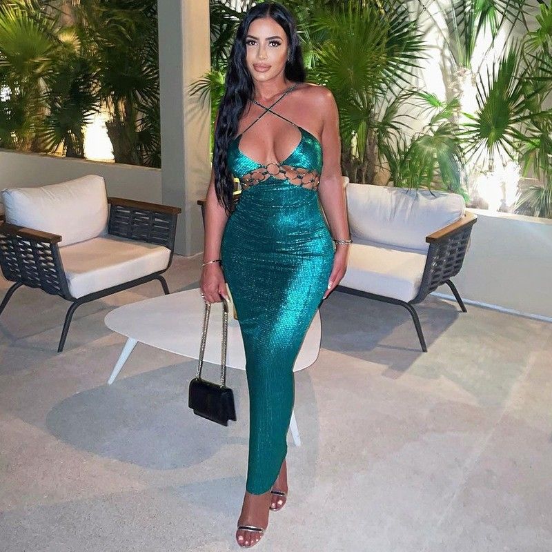 Multicolor Sexy Cutout Halter Vestido Para Mulheres Festa E Vestido à Noite