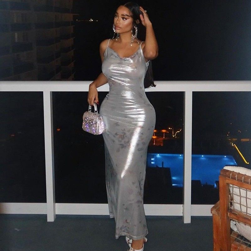 Manga curta vestido de senhora elegante Impressão sexy sem traseiro U pescoço vestido de pulso fino