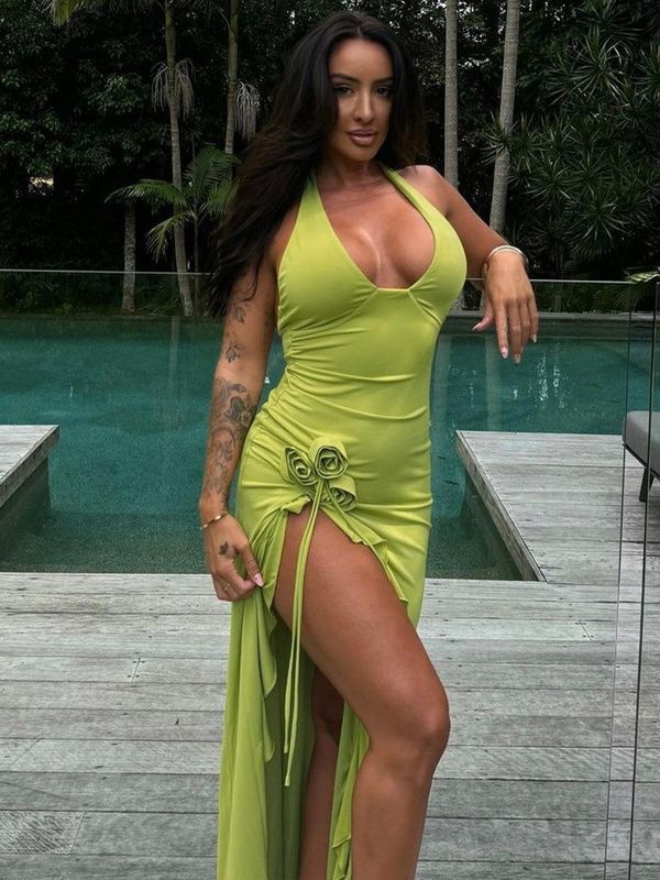 Custom Primavera e Verão Nova Moda Sexy Solid Color Slim Alta cintura V-collar Halter vestido Mulher