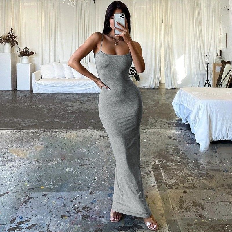 Nova moda sexy sem costas de cor sólida vestidos de algemas magros