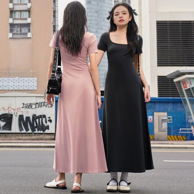 Moda Street Photo Slim Solid Color U - pescoço vestido de manga curta